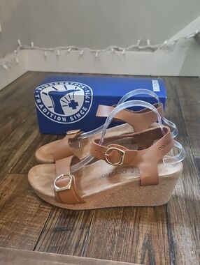 Birkenstock Papillio Brown Leather Cork Wedge Sandals with Gold Buckles